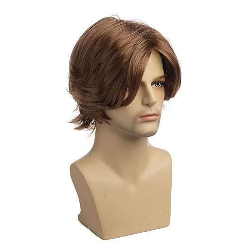 Miniatura 2 de Baruisi Peluca corta de cabello natural en capas de color marrón peluca sintética de Halloween para hombre