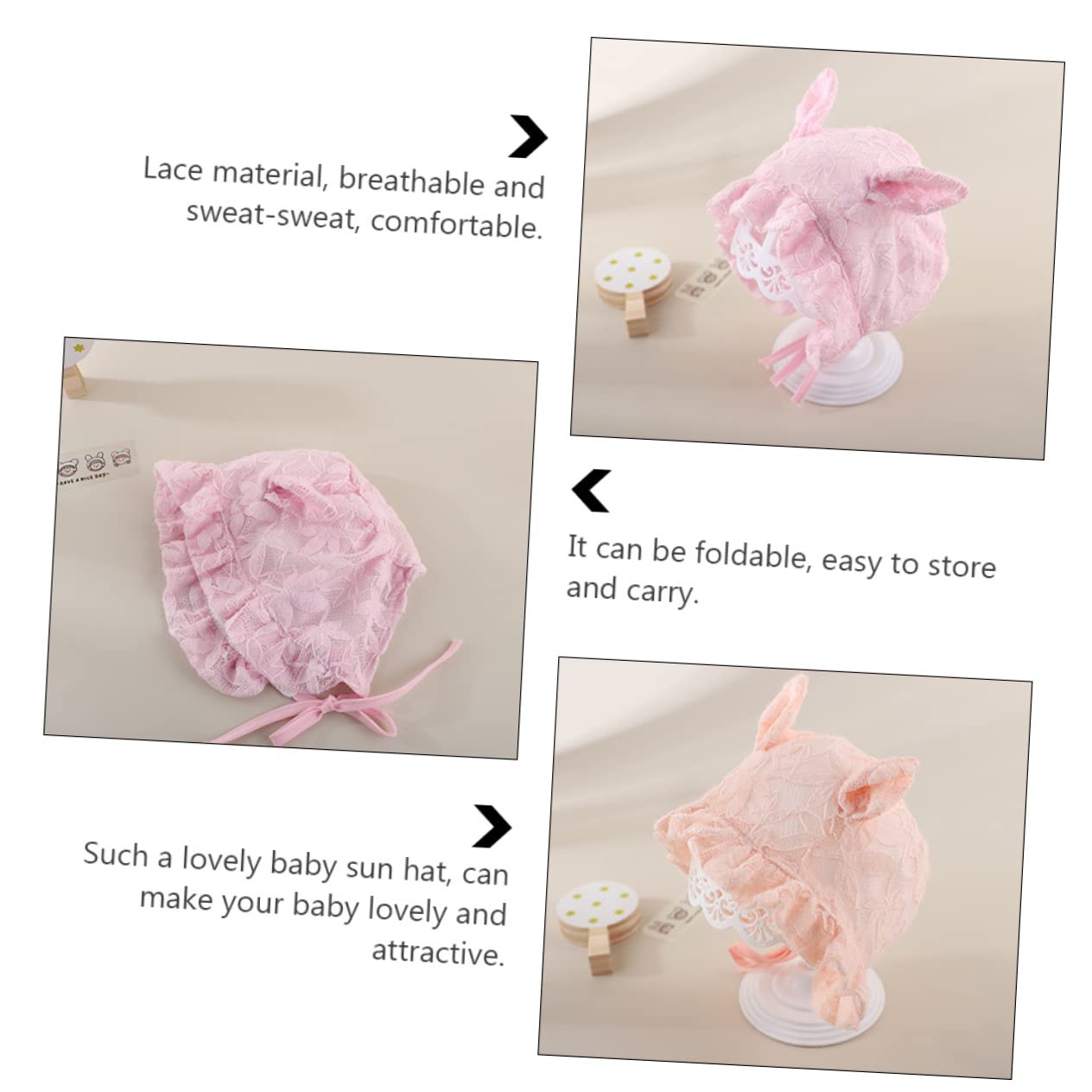 minkissy 2Pcs Lace Sun Protection Caps Newborn Bonnet Hat Pink Orange Breathable Lace Design for Outdoor Photos and Special Occasions