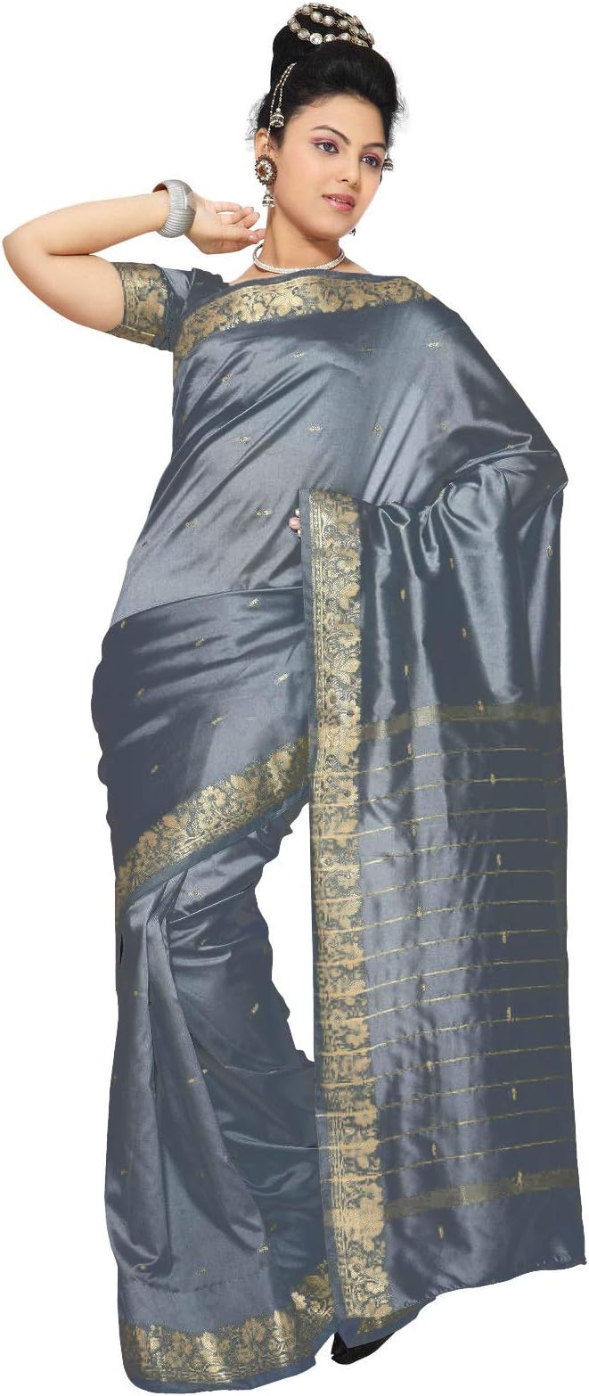 Sanskruti IndiaWomens Indian Ethnic Traditional Banarasi Art Silk Saree Sari Wrap Fabric Dress Drape (Gray)