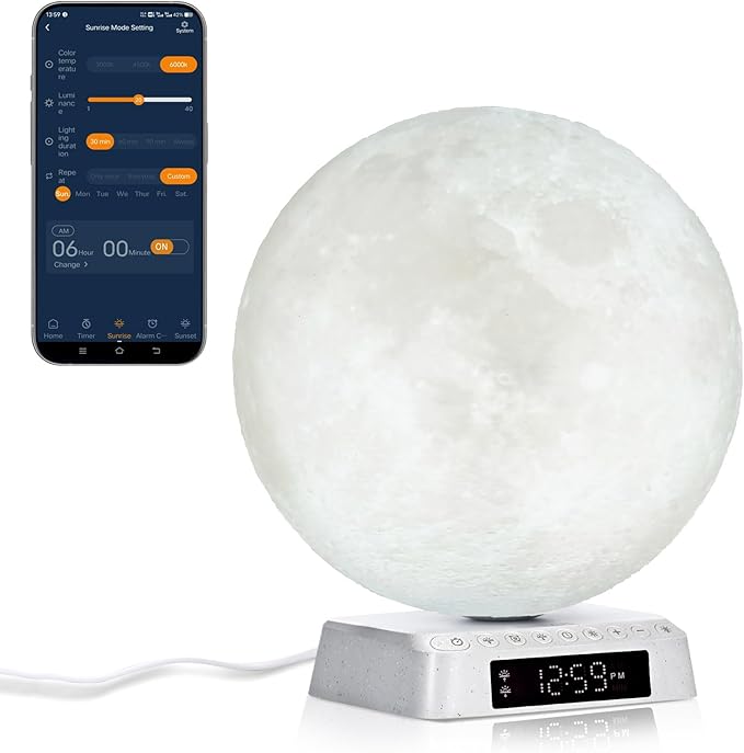 JUXLamp Light Alarm Clock Wake up Light Bioclock Adjustment Sunrise Alarm Clock Awakening lamp Bedside lamp Table lamp Nightstand Lamp Moon-Shaped & APP-Supported