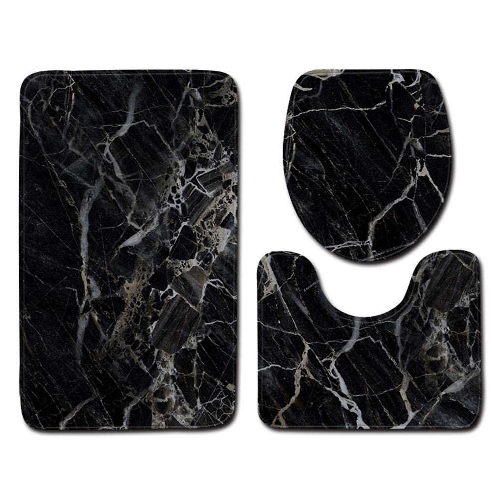 Bath Mat Set,Toilet 3-Piece Set Black Marble Bathroom Mat Sets Non Slip Breathable Memory Flannelette Bath Mats Toilet Seat Cover U-Shaped Pedestal Mat
