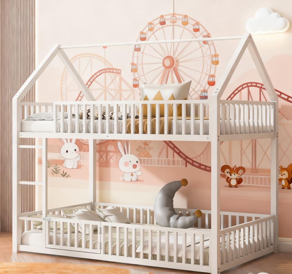 Image of Bellemave Metal Bunk beds Twin Over Twin, House Floor bunk Bed with guardrail and Door for Kids,White