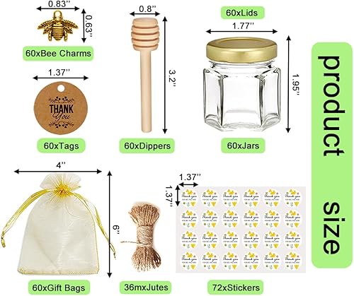 Vista 12 de Pote de miel, tarros de miel de vidrio, pequeños frascos de miel con cubos de madera, abalorios de abeja, bolsas de regalo doradas y tapas de yutes