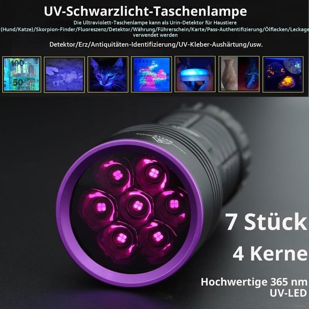 Alonefire SV117 365nm UV Taschenlampe 70W USB Aufladbar Digitale Anzeige Stark Schwarzlicht Haustierurin Detektor für UV Harz, Angeln, Skorpion, Bernstein, Mineralien mit UV Schutzbrille, Batterie