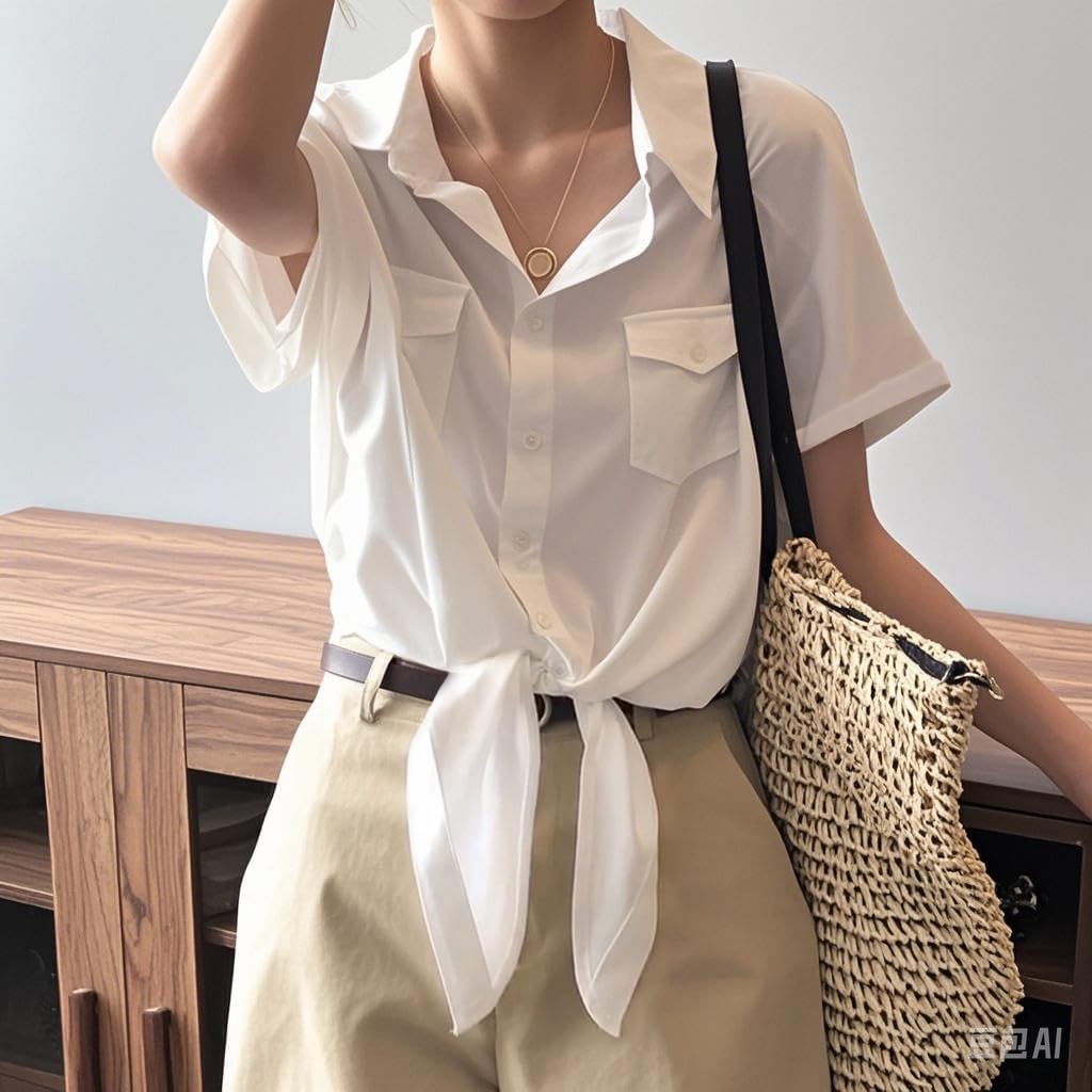 AEURPLT Women's Button Down Shirt Tie Front Short Sleeve Office Business Blouse Sheer Summer Casual Tops - Image 3