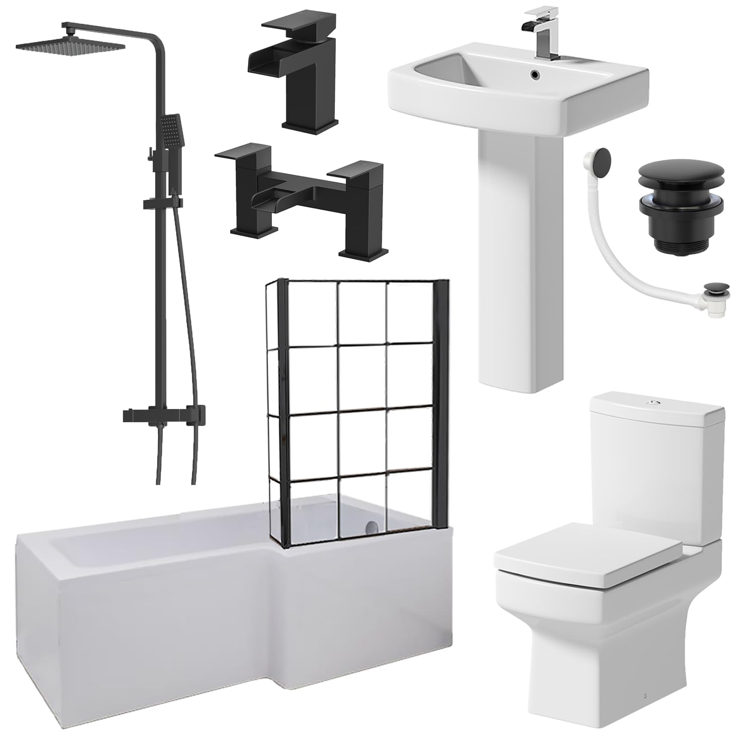 BAYSTONE 1700mm L Shape Bathroom Suite RH Bath Black Grid Screen Basin Full Pedestal Toilet WC Thermostatic Mixer Shower Taps