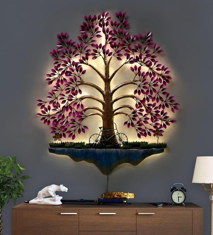 Bharat Art Metal Tree Wall Art with LED Light for Living Room | Handcrafted Iron Tree Wall Hanging Home Decoration for Bedroom, Hall, Office & Entrance | Pesto Tree Pink | 31x2x40 inch | WD056 (A)