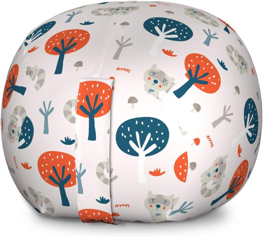 Ambesonne Cartoon Animal Storage Toy Bag Chair, Rhythmic Tree Autumn Woodland Racoon, Stuffed Animal Organizer Washable Bag, Small Size, Pale Blue Multicolor
