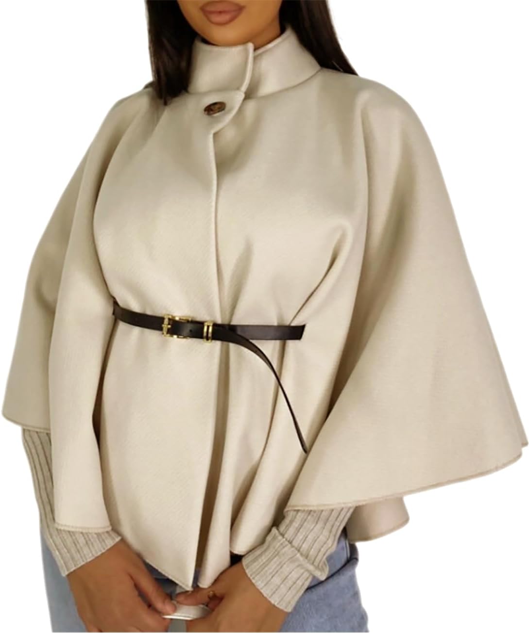 Women's Cape Jacket with Belt, Ladies Plain Winter Warm Poncho Oversized Shawl Wrap Batwing Sleeve Fashionable Elegant Coat Sweater Open Front Button Party Wear Cardigan UK One Size 8-16
