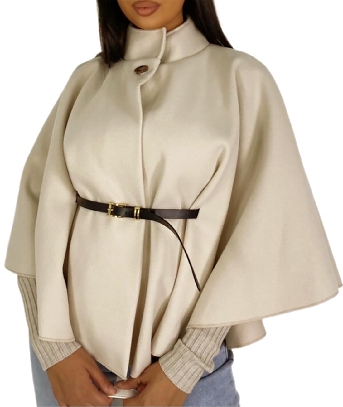 Women's Cape Jacket with Belt, Ladies Plain Winter Warm Poncho Oversized Shawl Wrap Batwing Sleeve Fashionable Elegant Coat Sweater Open Front Button Party Wear Cardigan UK One Size 8-16