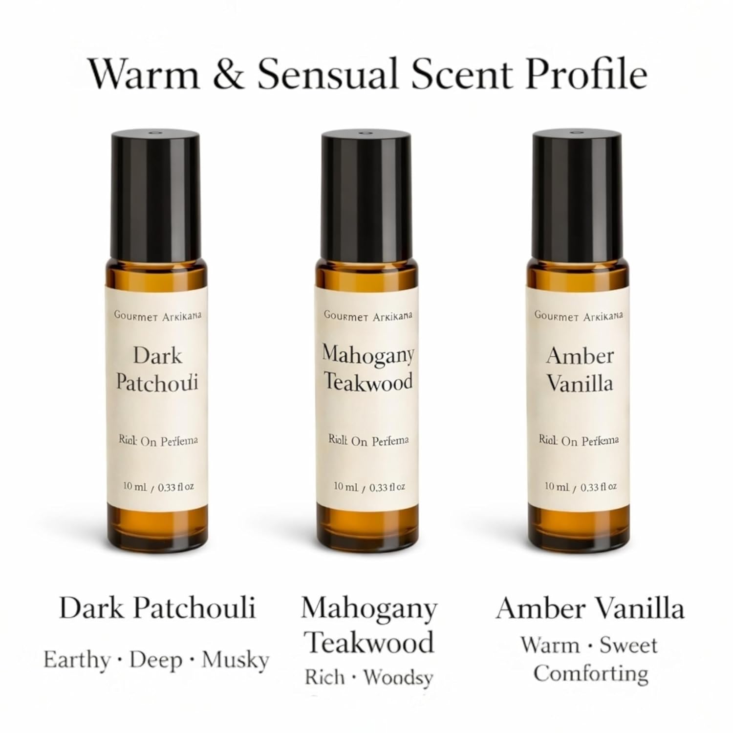 Warm & Sensual Roll-On Perfume Set (3 Pack) – Dark Patchouli, Mahogany Teakwood & Amber Vanilla – Earthy, Woodsy & Sweet Scents – Unisex Essential Oil Perfume – 10 mL Each – Handmade in USA