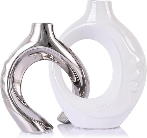 LCCCK White and Silver Ceramic Vases for Home Decor, Boho Vase for Flowers Pampas Grass Decorative, White Silver Hollow Donut Small Vase for Living Room Table Wedding Centerpiece Modern Vases