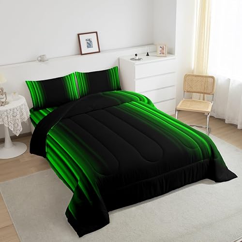 Miniatura 5 de Feelyou Juego de ropa de cama geométrica abstracta degradada para hombres, adultos, adolescentes, juego de edredón a rayas verdes y negras, juego de