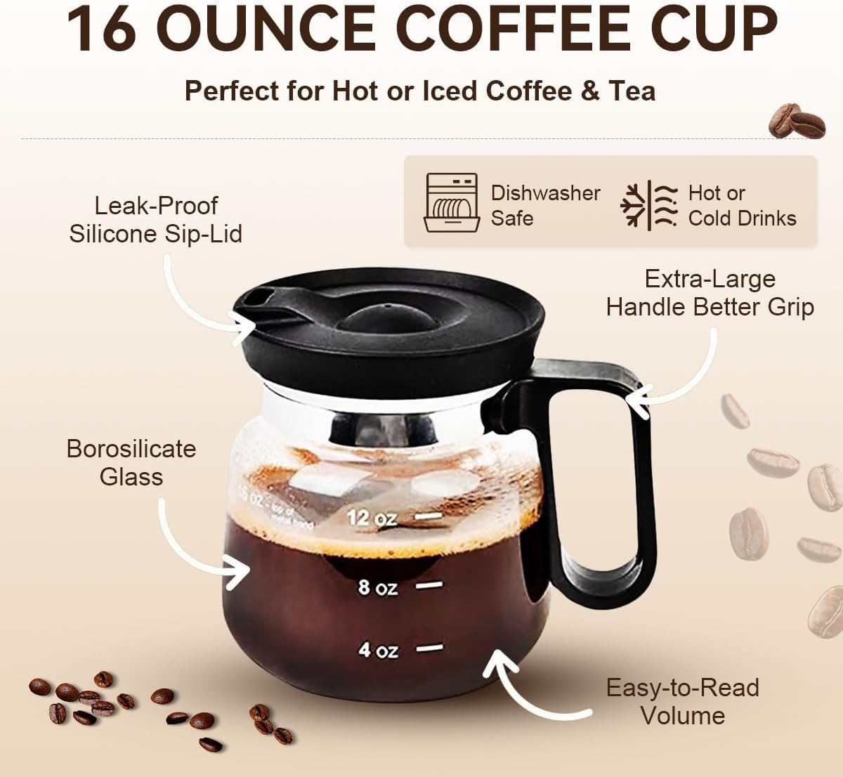 16 Oz Glass Coffee Pot Mug Mini Coffee Cup with Handle and Spill Proof Lid