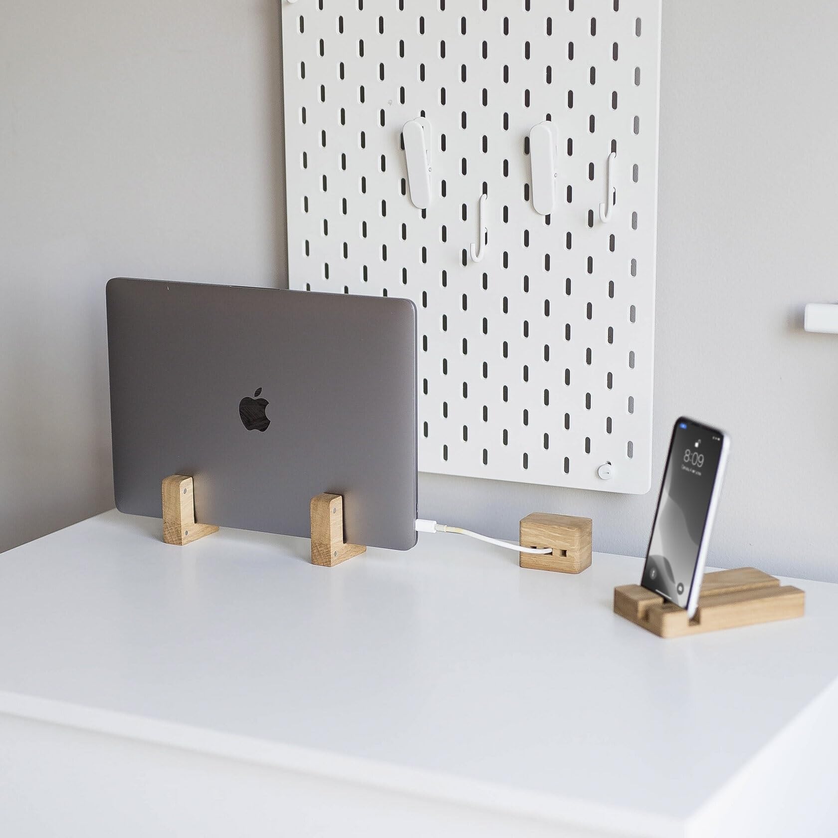 KEEBORI Wooden Cable Organizer Magnetic Cord Holder for Desk, Nightstand & Workstation Natural Oak Wire Management Clip (Laptop Stand Combo) 3