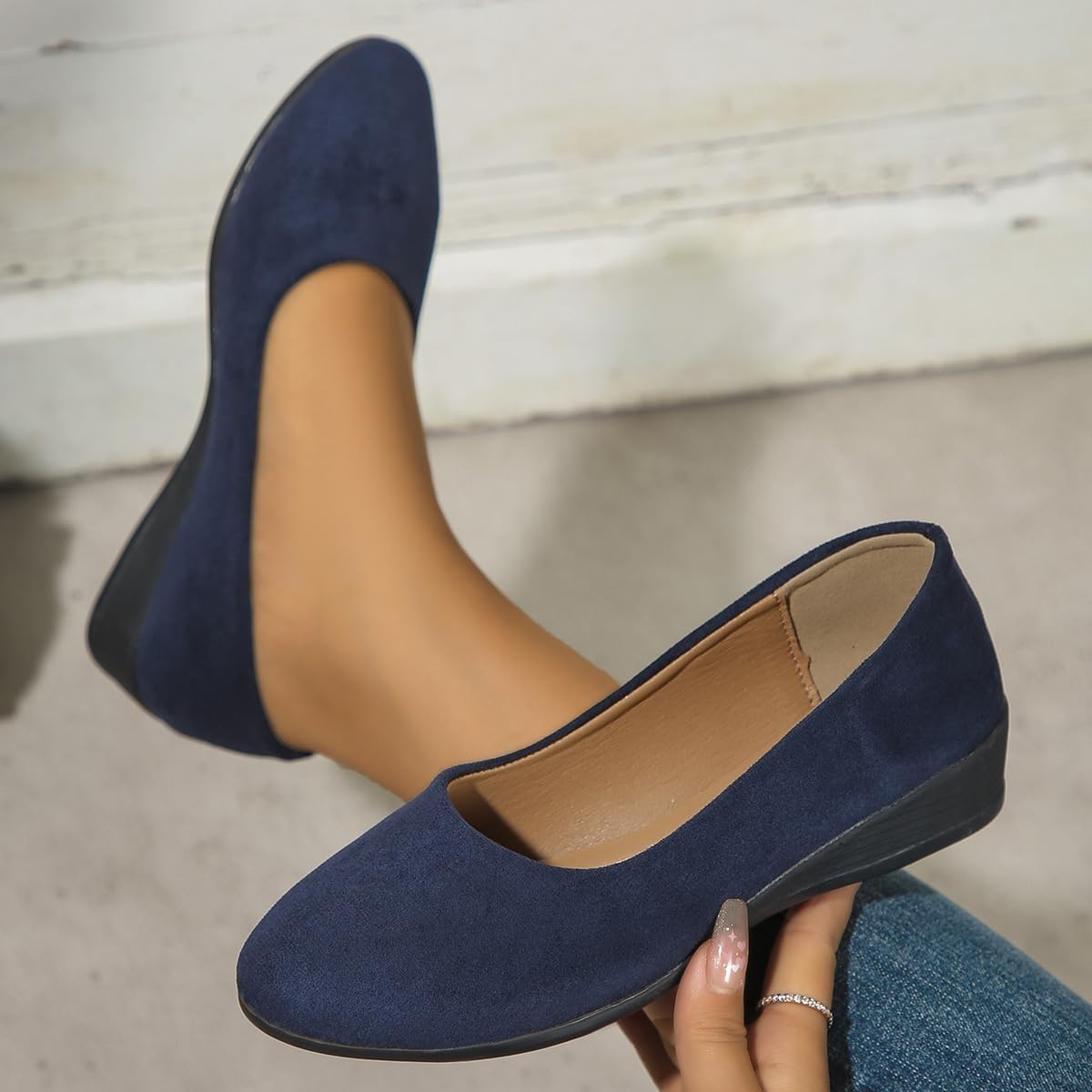 Zapatos de cuero ligeros para mujer, cómodos, con soporte de arco, de cuña, sin cordones, de tacón bajo, para el trabajo, bailarina, mocasines