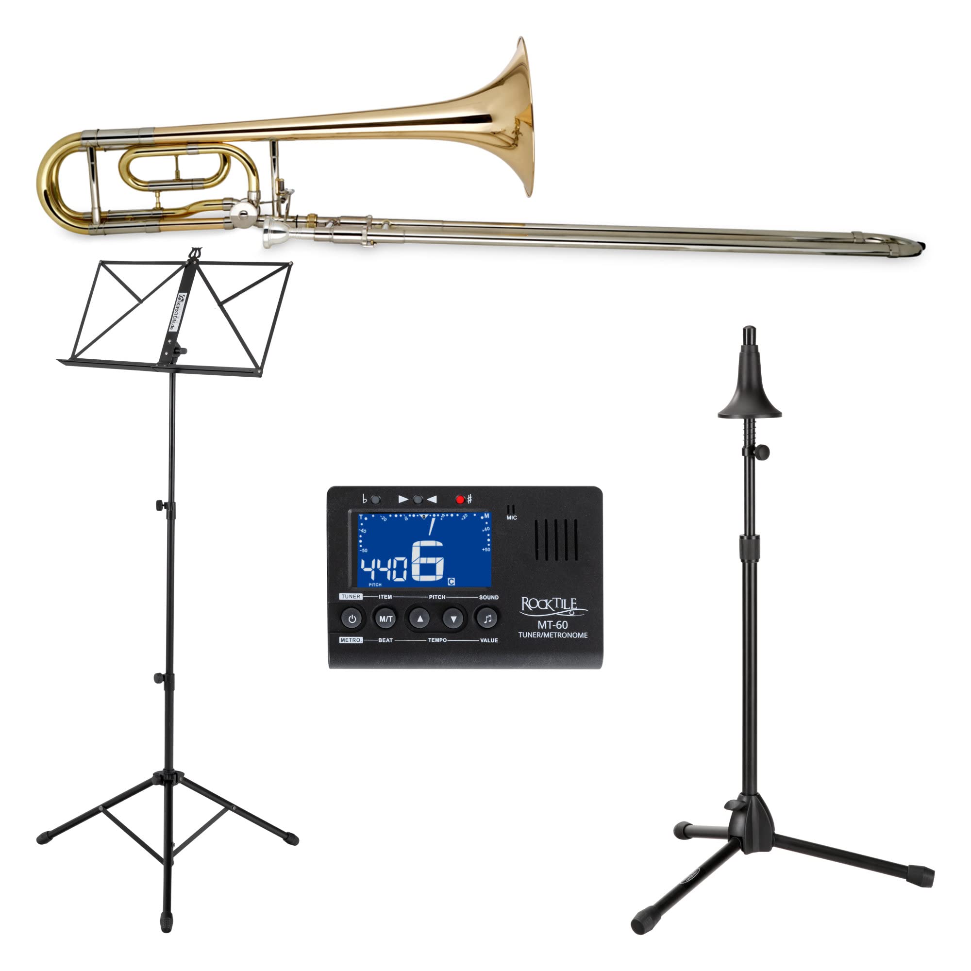 Classic Cantabile Brass QP-42 Set de Trombón Cuarto, Afinación: Bb/F | Campana de latón dorado, Deslizamiento de alpaca, Campana 215 mm, Calibre 13, 89 mm, Incluye boquilla y estuche, Metro-Tuner