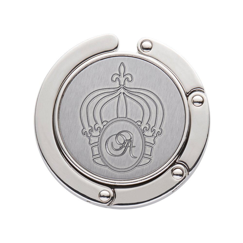 Gravado Handtaschenhalter aus Metall mit ausklappbarem Haken und Krone Gravur, Personalisiert mit Initiale, Damen Accessoire