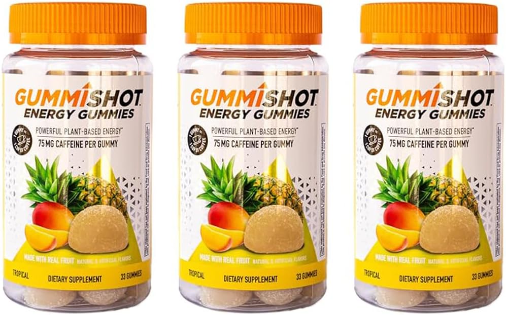 Energy Gummies, 2475 mg of Plant-Based Caffeine Chews per Bottle, Long Lasting Energy Boosters, Tropical 33 Count (Pack of 3)