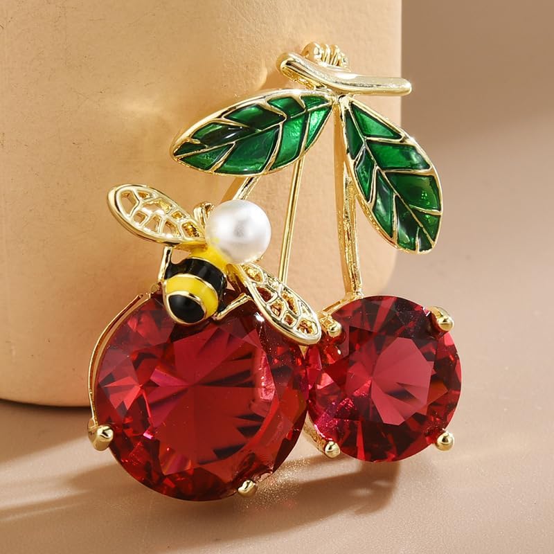 coadipress Rhinestone Cute Cherry Fruit Brooch Pin for Women Gold Plated Red Enamel Cherry Brooches Lapel Pins Dainty Dress Accessories Jewelry Gift - Image 5