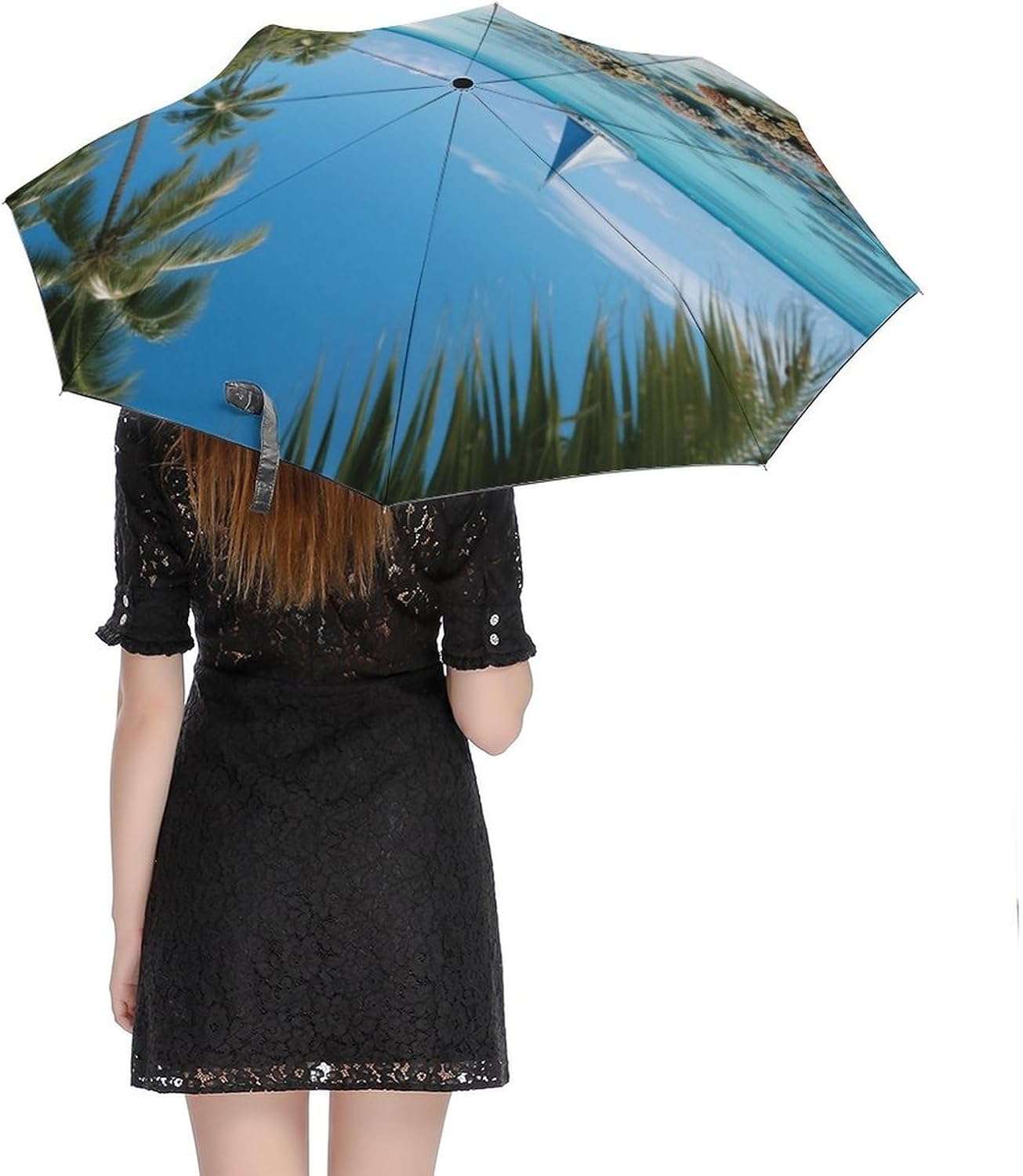 Coconut-lined Beaches Windproof Travel Umbrella, One-Click Automatic Open And Close, Portable Compact Folding Umbrella for Women Men, Fits Backpack & Car