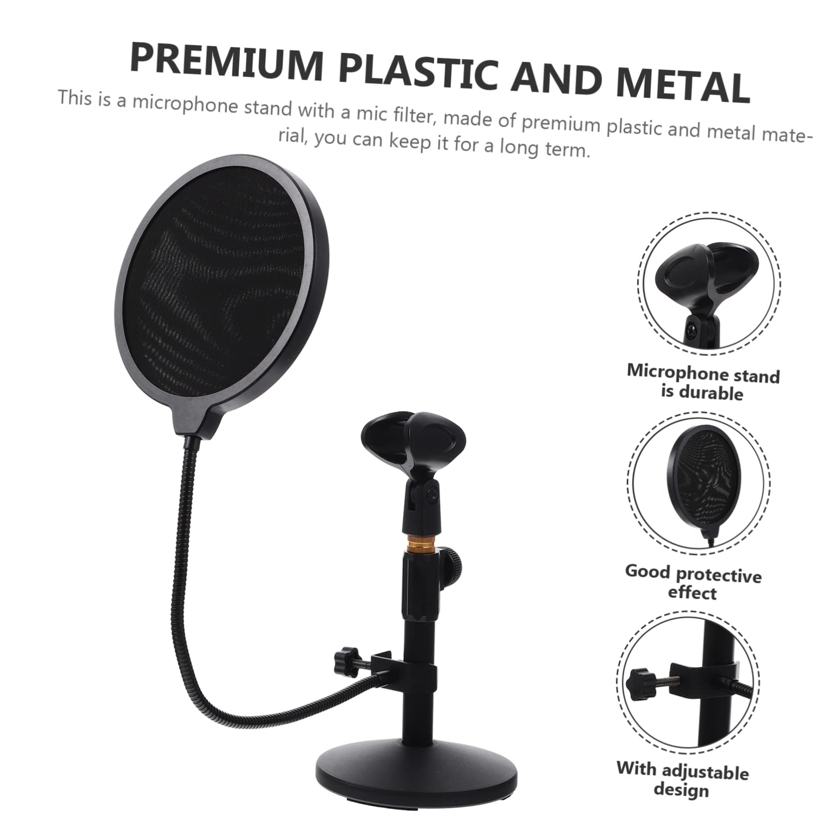 UPKOCH Soporte de Micrófono Ajustable para Escritorio Negro (290-395 Mm) con Clip y Filtro Antipop, Base Metálica Estable para Podcast, Grabación y Streaming