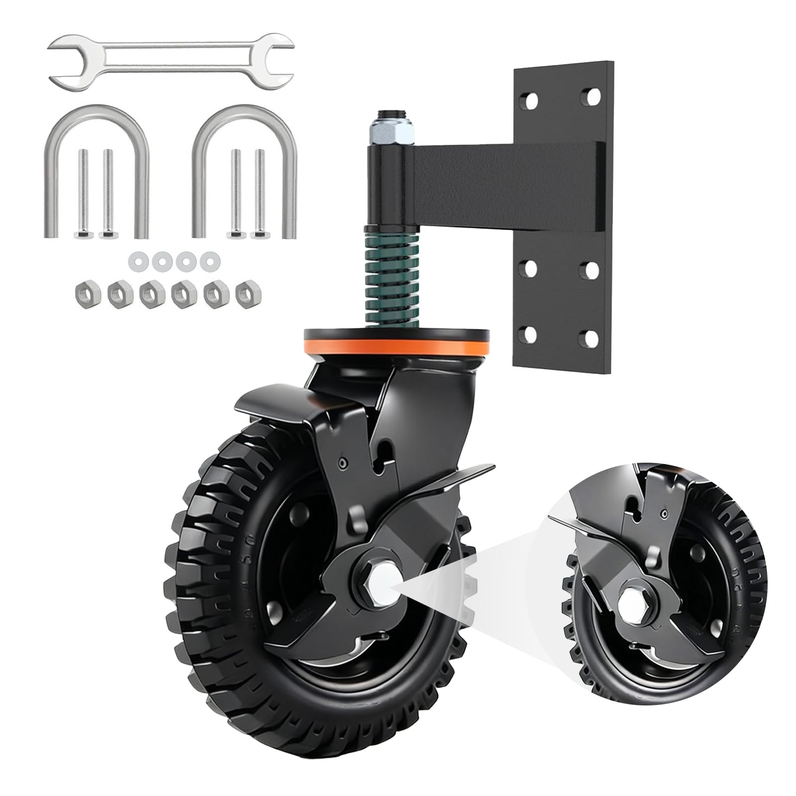 Universal 8" Door Wheel,Heavy Duty,With Brake,600lbs Spring Suspension Swivel Castor,For Farm Gates,Timber Doors&Sliding Fences,Fits Metal Tube Door