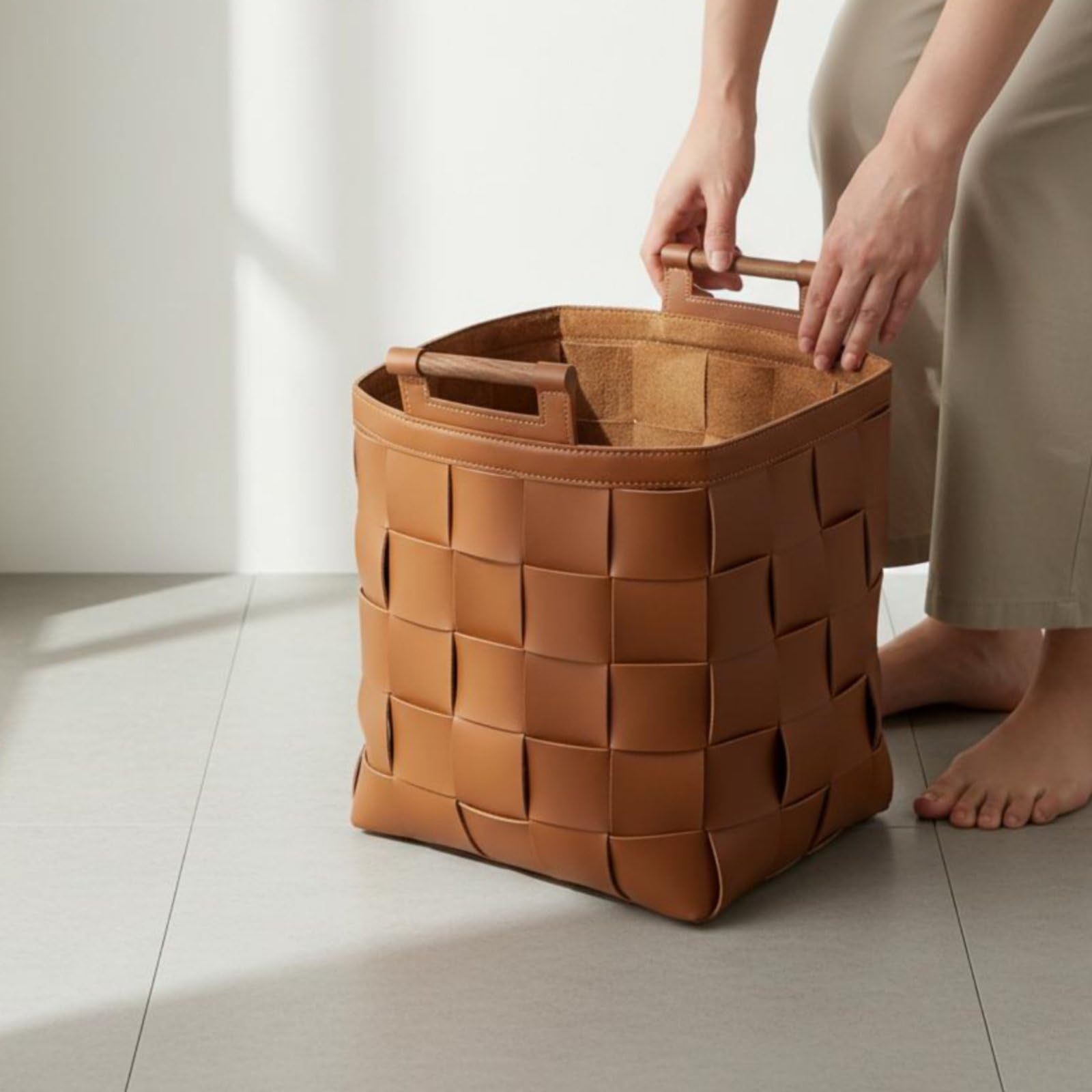 Cesta de Almacenamiento Tejida a Mano Cesta Caja Contenedor Organizador en Piel Sintética con Mango de para Transporte Fácil Adecuada para Dormitorio Sala de Estar, Gris