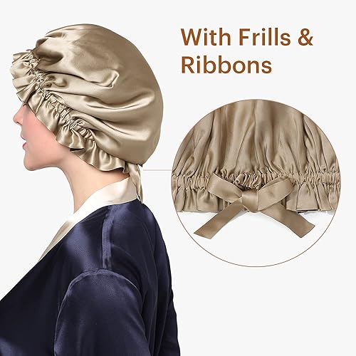 Miniatura 4 de LilySilk Gorra con forro de seda pura para mujer, doble capa, cintas ajustables, gorra de seda natural de lujo para dormir