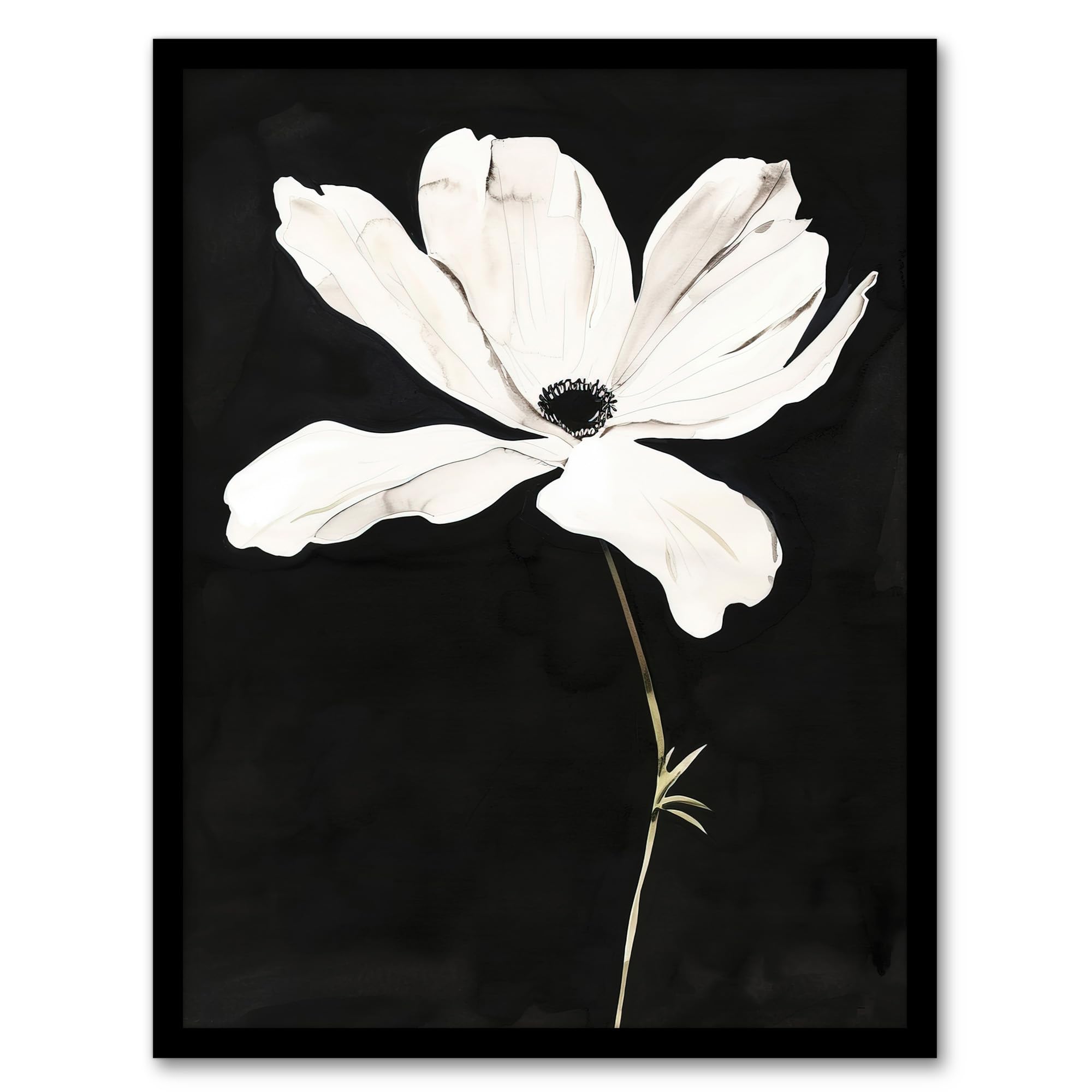 Artery8 Watercolour Framed Art Print - White Flower Bloom - Black Background - A4 Size