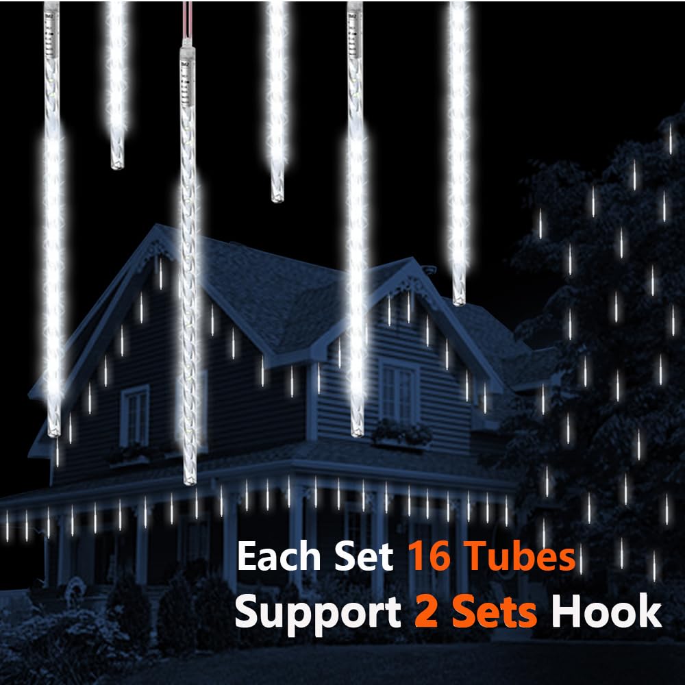 Weihnachtslichter für draußen, Meteorschauer Lichter 16 Spiralschläuche 50cm 864 LEDs 5,25m Lit Länge, Wasserdichte Schneefalllichter für Weihnachtsdekoration im Freien Baum Fenster (Weiß)