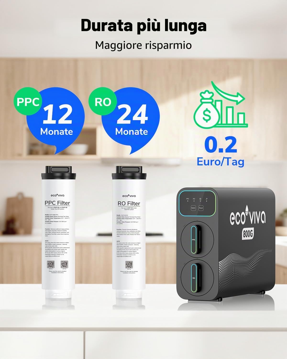 Ecoviva Impianto ad osmosi inversa E8 con, 800 GPD (3028 L/giorno), filtro acqua potabile, filtro a 9 stadi RO, filtro per l'acqua sotto il tavolo, rapporto risparmio 2,5:1