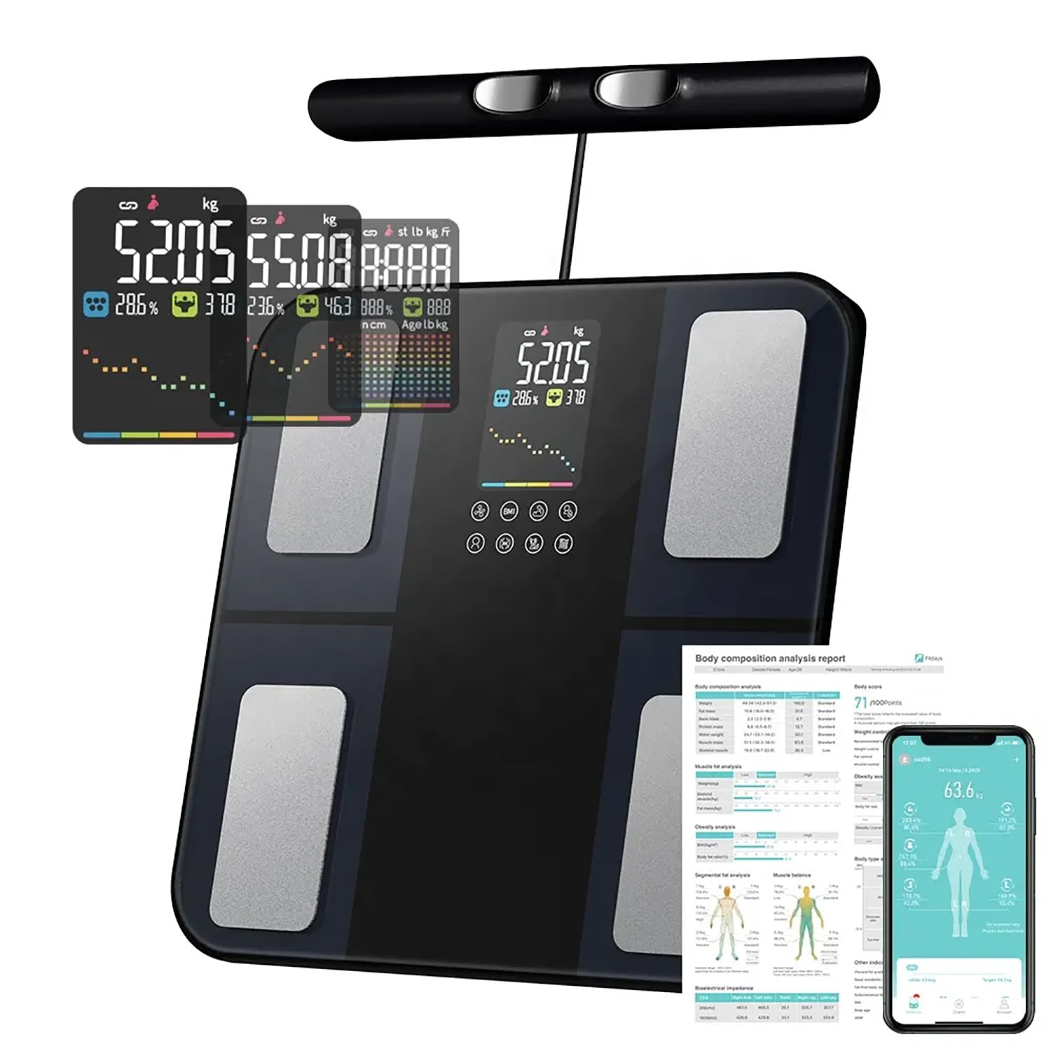 Pèse Personne Balance Connectée Impédancemètre Avec 8 Électrodes 28 Données Corporelle Affichage LCD Avec APP pour Andriod et iOS, Max. 180kg/400lb/28st, 30 * 30CM