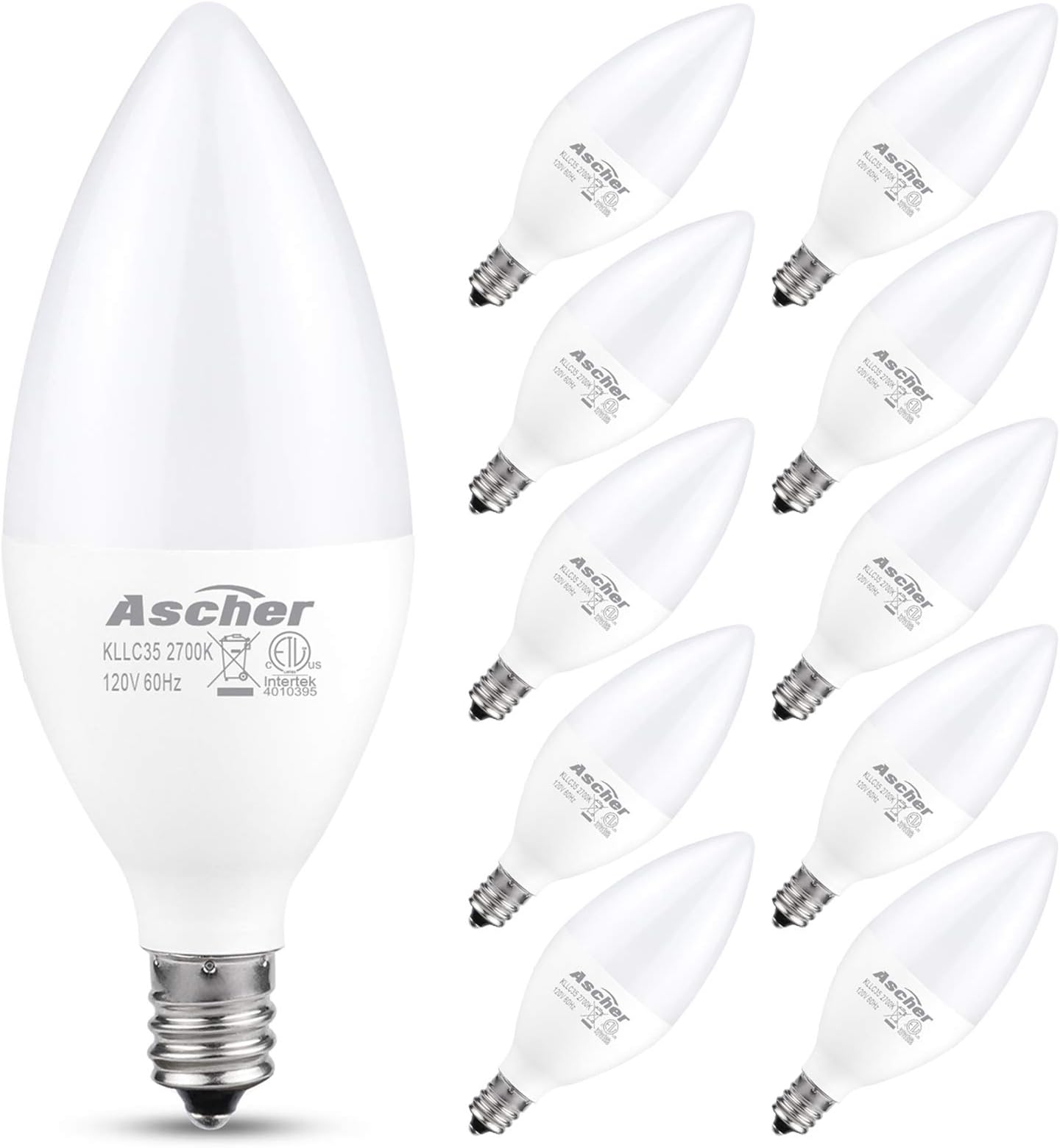 Ascher Classic E12 LED Candelabra Light Bulbs, Equivalent 60W, 550 Lumens, Warm White 2700K, Chandelier Bulb, Non-dimmable, Candelabra Base, Pack of 10