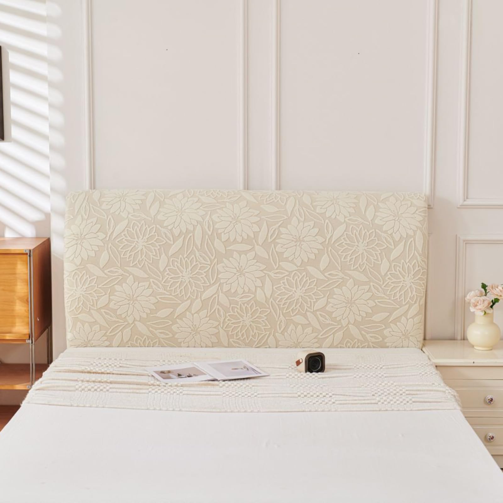 Generico protettiva antipolvere elastica in flanella con motivo Copritestata x Letto Matrimoniale per letto Queen King Copri Testata Letto Matrimoniale Girasole - Beige 86.6 pollici/220 cm