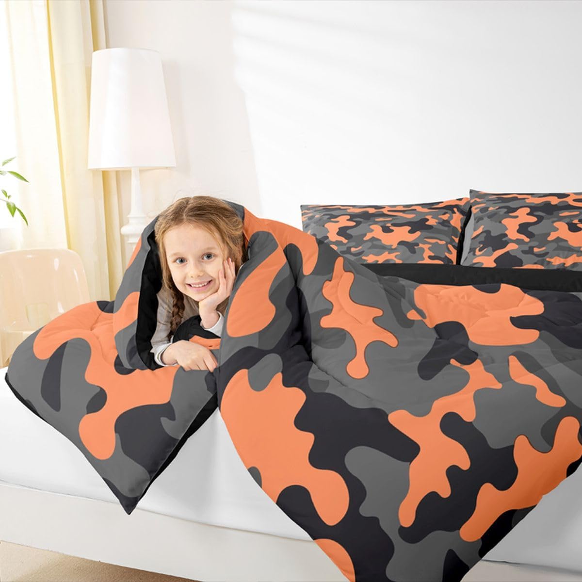 Feelyou Army Camo Bedding Set Teens Camo Comforter Set for Kids Boys Girls Colorful Pattern Decor Lightweight Comforter Orange Black Grey Camouflage Quilt Set Bedroom Collection 2Pcs Twin Size