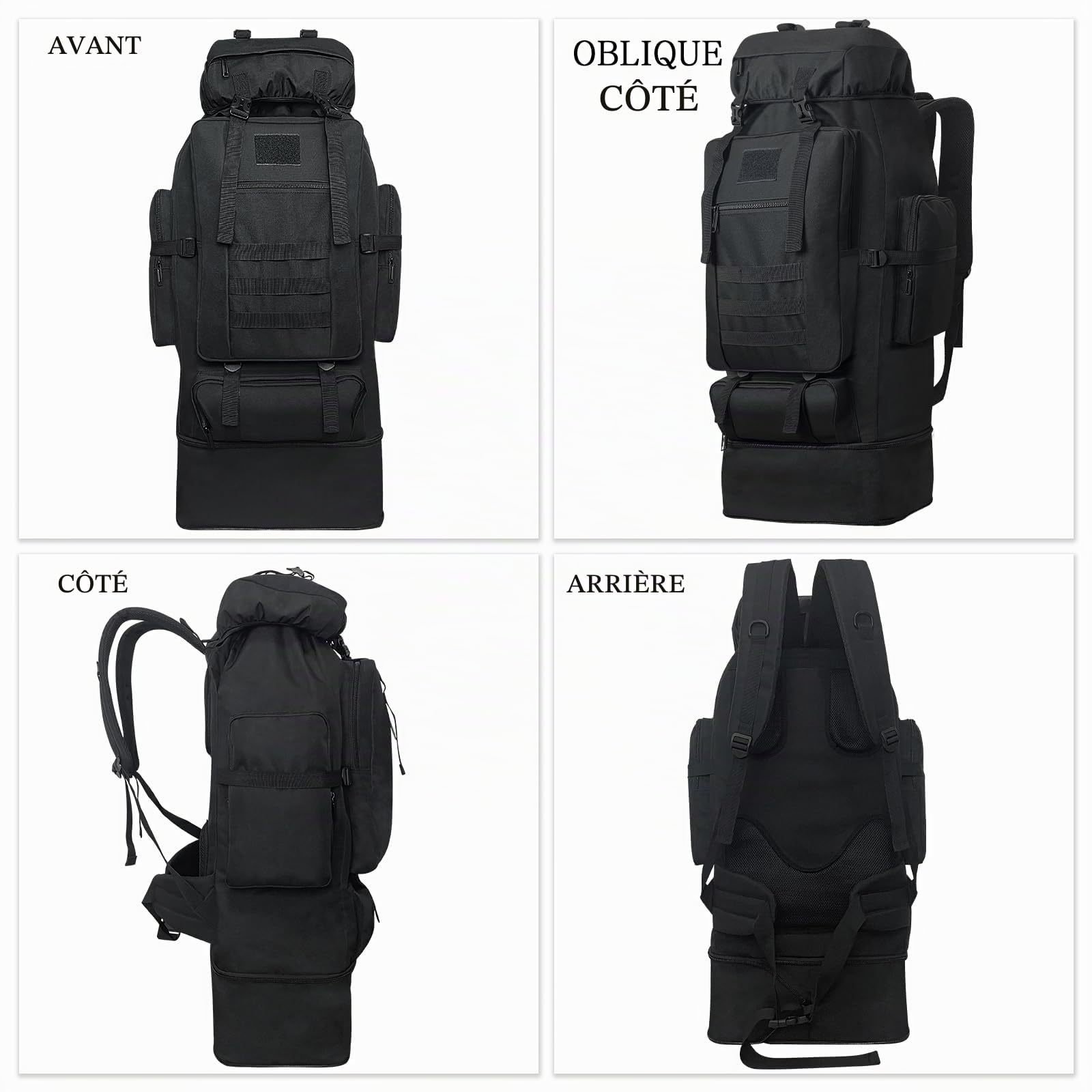 Sac à Dos De Randonnée De Camping 100L, Sac à Dos Tactique Militaire Molle, Sac à Dos De Randonnée Extra Large, Sac à Dos De Voyage, Sacs de Trekking de Camping Résistants à l'eau (Noir)