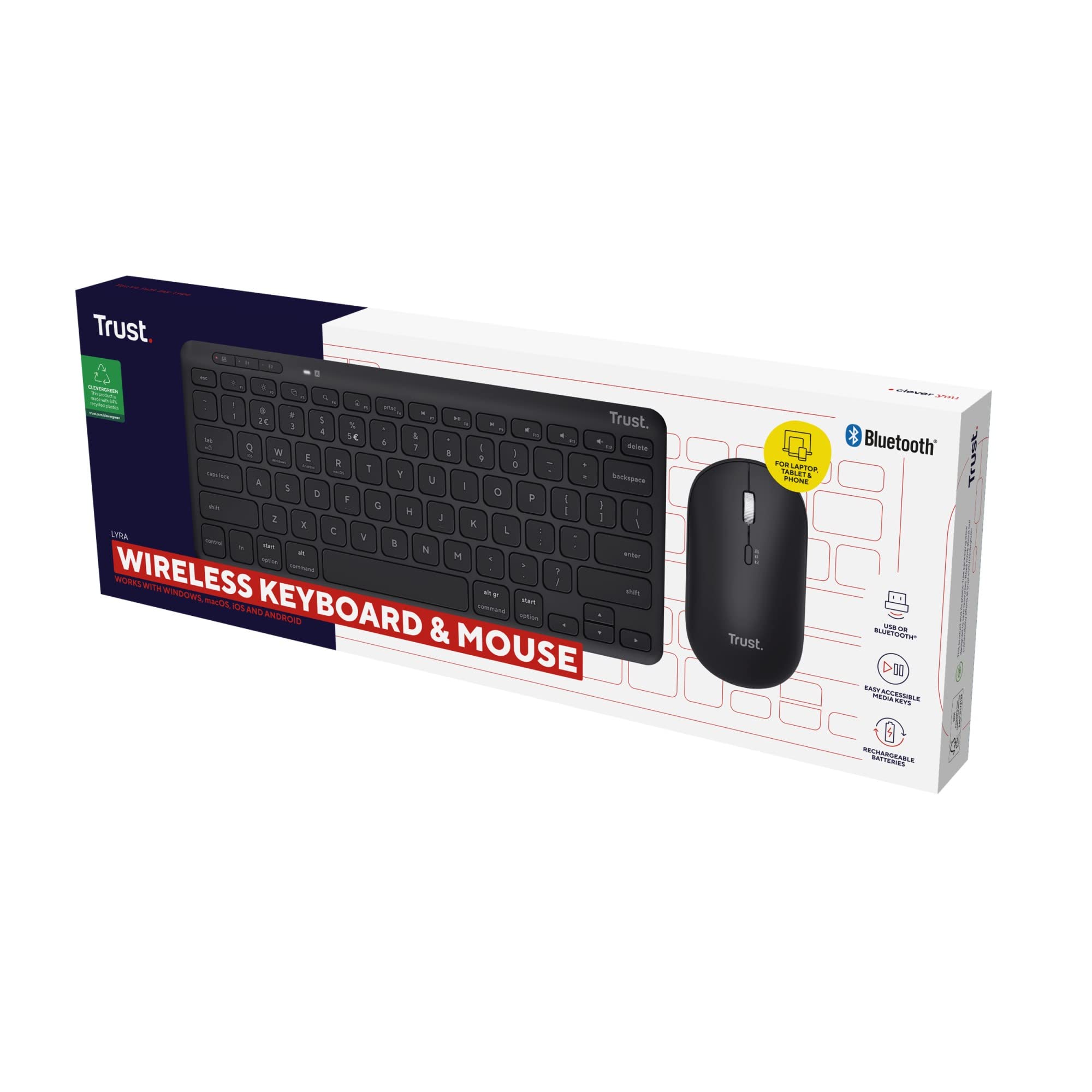 Trust Lyra Set Tastiera e Mouse Wireless Bluetooth, Layout Italiano QWERTY, 84% Plastica Riciclata, Tastiera Ricaricabile Multidispositivo per Laptop, PC, Mac, Tablet, iPad, Android, iOS – Nero