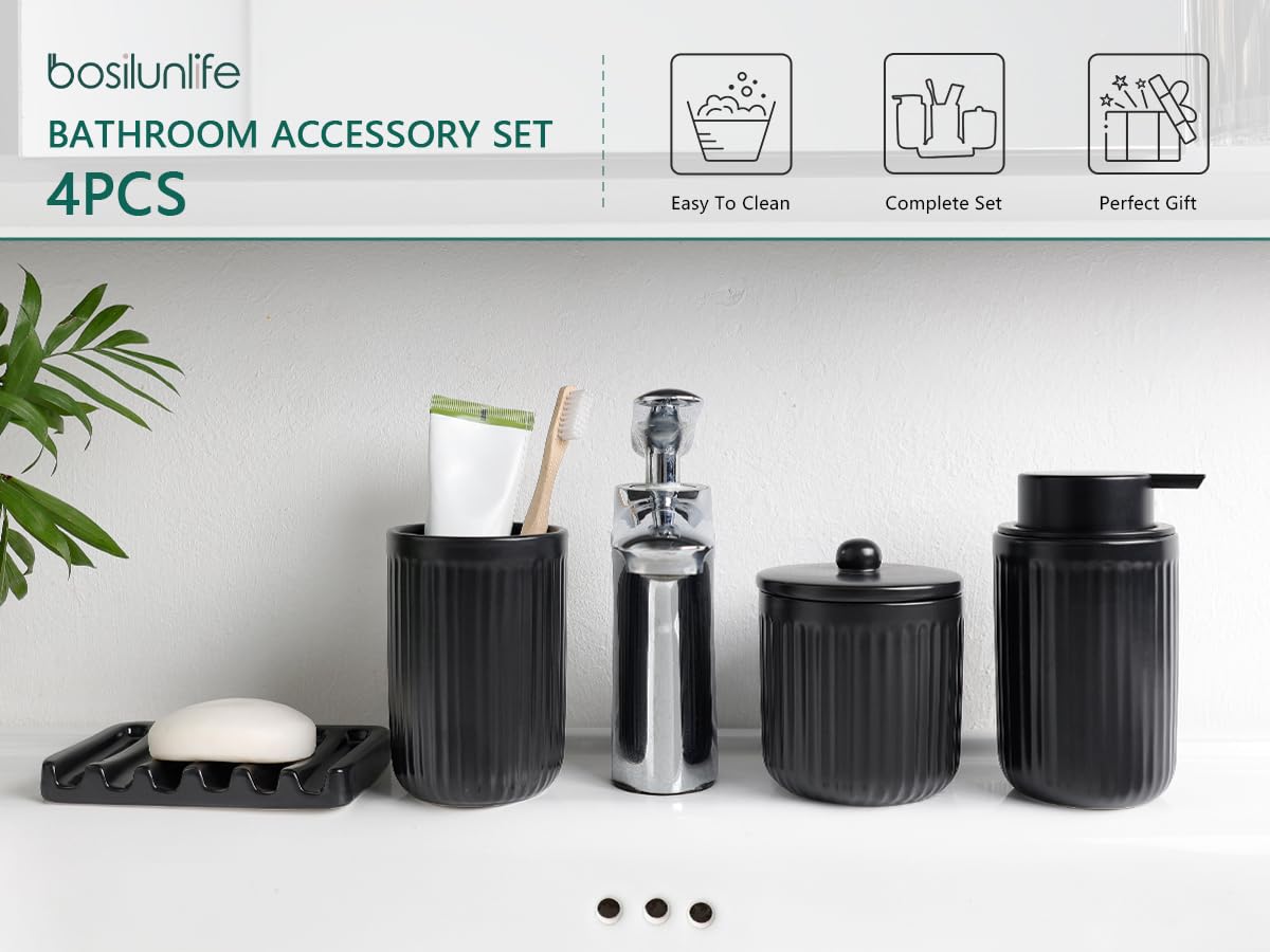 BosilunLife Juego de 4 accesorios de baño de cerámica – Juego de jabón para encimera de baño, accesorios de decoración de baño, dispensador de loción, jabonera, soporte para cepillo de dientes / vaso
