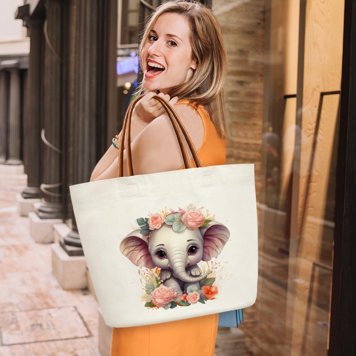 Elephants Gifts Canvas Tote Bag For Women, Cute Tote Bags Reusable Grocery Shoulder Bag for Shopping Work Travel, Motivational Gifts for Halloween Christmas Beach Bags for Elephants Lovers Friends -45 - Image 2