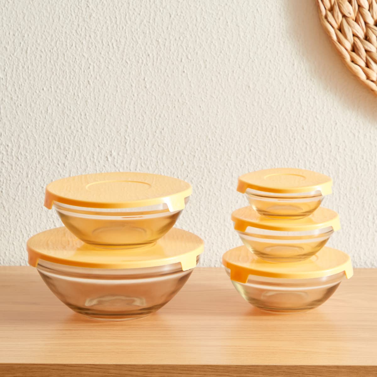HOMEBOX Prime 5-Piece Glass Bowl Set with Lid Yellow/Clear