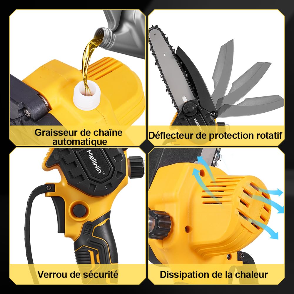 Mini motosega a batteria da 6 pollici con motore in rame puro da 1500 W e 2 batterie incluse – Sega da potatura a batteria, 6 m/s, 4000 giri/min, per giardino, legno e taglio di rami