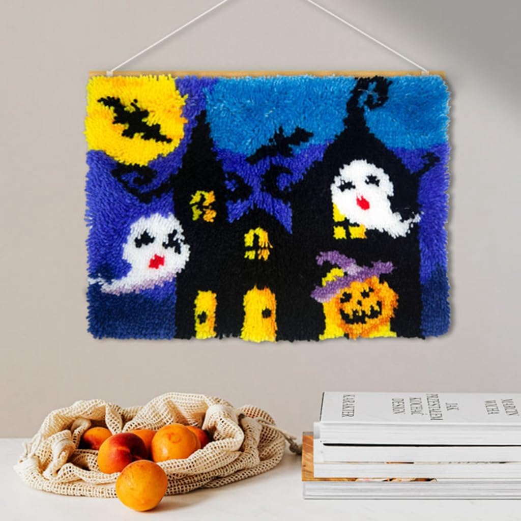 DL-YTG Latch Hook Kits Rug Halloween Haunted House Crochet Yarn Cushion Colour Pre-Printed Canvas Cover Rug Needlework DIY Hook and Latch Kit Christmas Home Decoration 52x38cm/20 X15inch