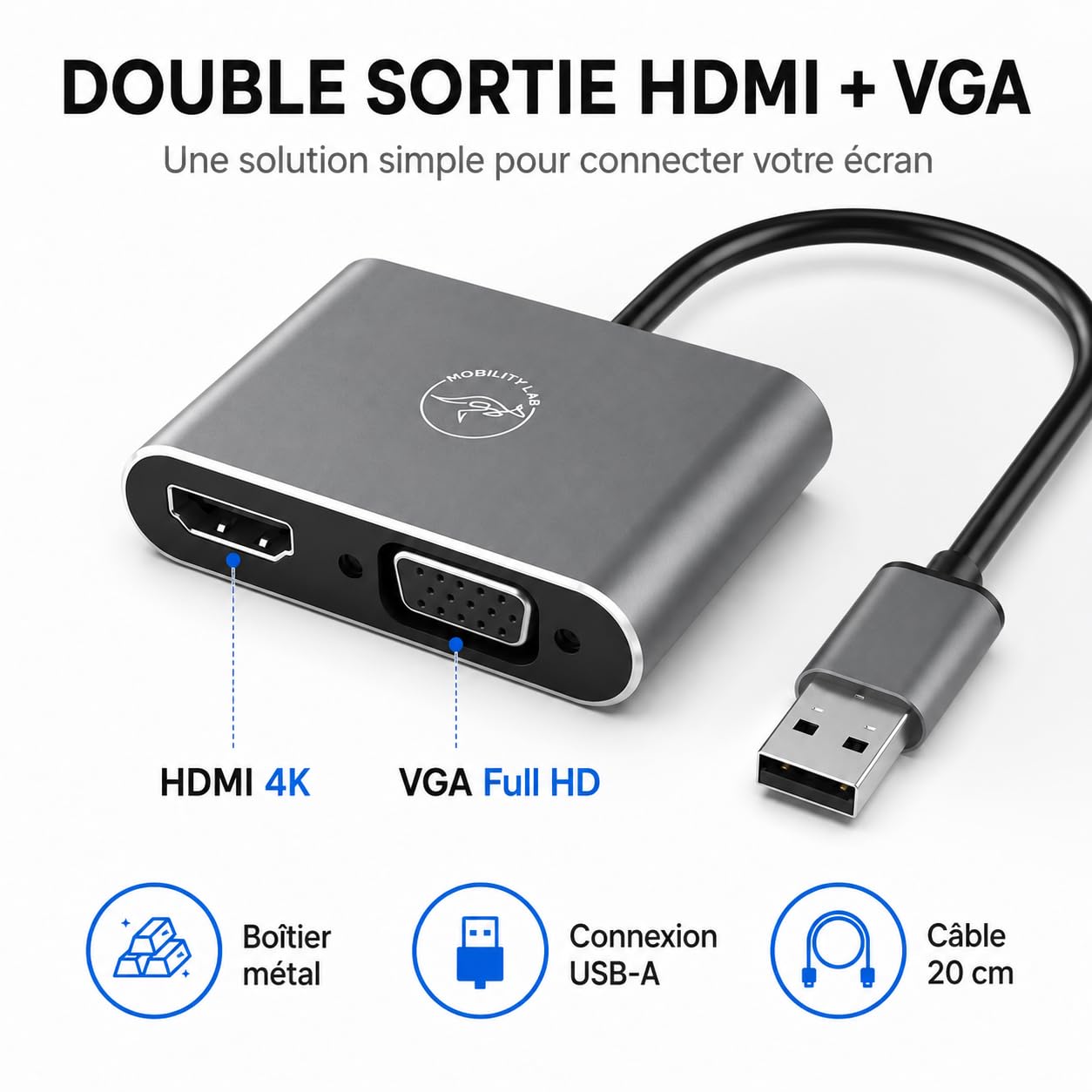 Mobility Lab Adaptateur USB 3.0 vers HDMI & VGA – Haute Résolution 1920 x 1080p à 60Hz – Plug & Play Facile – Compatible macOS et – Présentations, Films, Jeux Vidéo, Vidéoprojecteur