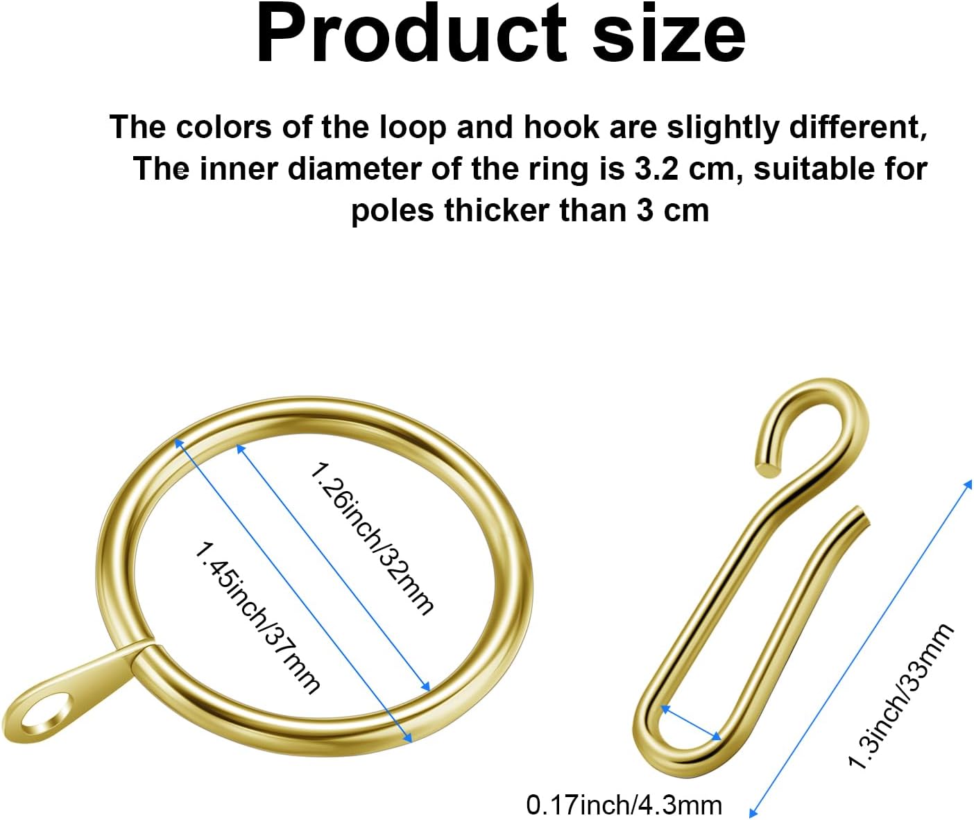 Amyhill 60 Pieces 1.26 Inch Metal Drapery Curtain Rings Hanging Rings with 60 Pieces Metal Curtain Pin Hooks for Drapes Window Door Shower(32 mm,Gold)