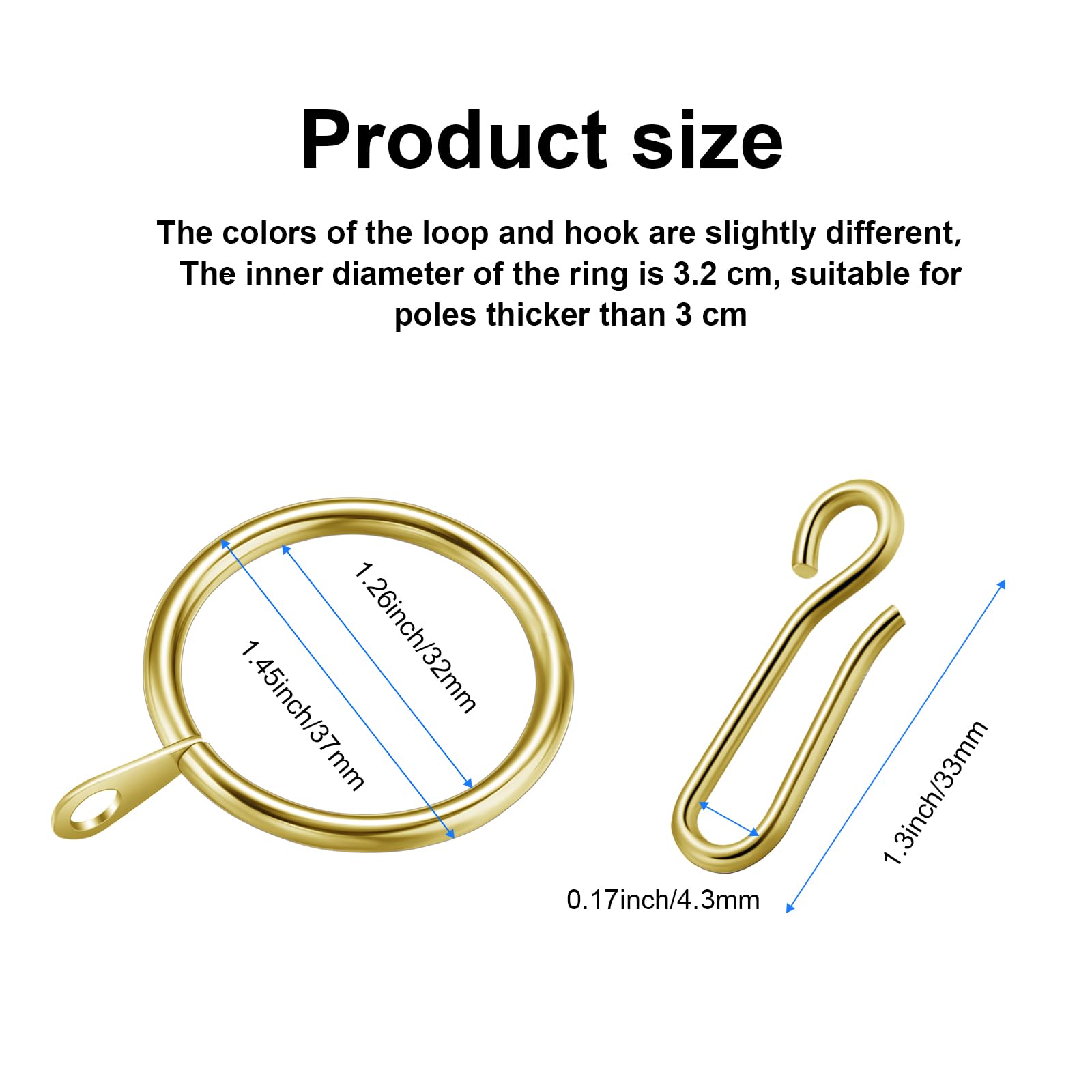 Amyhill Paquete de 60 anillos de metal para cortinas con 60 ganchos de metal para cortina de 1.26 pulgadas, ganchos de cortina para ventana, puerta, cortina de ducha (32 mm, dorado)