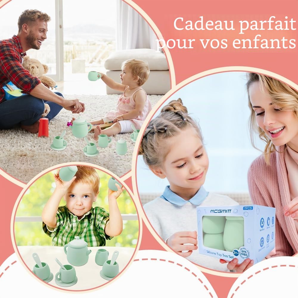 MCGMITT Service à Thé Enfant, Dinette Tea Party Jouet 15 Pcs en Silicone avec Théière et Tasses Accessoires de Cuisine Jeux d’Imitation Montessori et Jeux de Rôle Cadeau pour Filles et Garçons 3 Ans