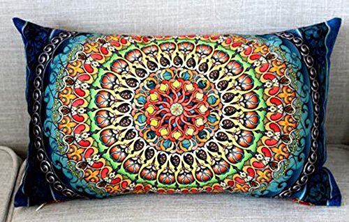 Queen's designer Cotton Linen Home Office Decorative Throw Waist Lumbar Pillow Case Cushion Cover Beautiful Bohemian Flower Boho Geometric Floral Mandala Pattern Royal Blue Rectangle 12 X 20 Inches