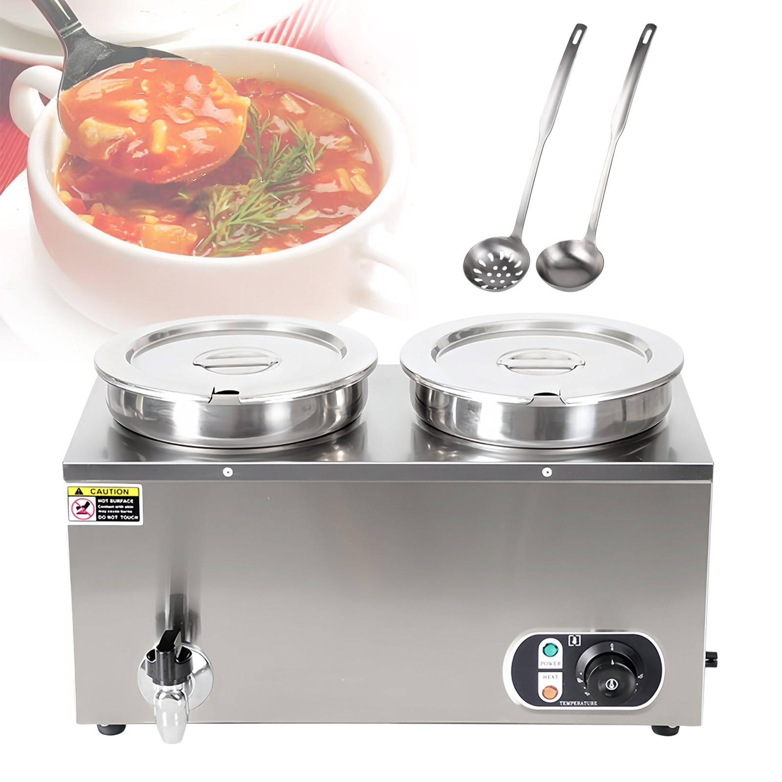 Scaldavivande 2/3/4 x 7L, Scaldavivande Commerciale per Zuppe da 30-85℃, Scaldavivande da Banco a Bagnomaria a Vapore, Stazione Elettrica per Zuppe per Ristoranti, Feste, Buffet,7L x 2-220V