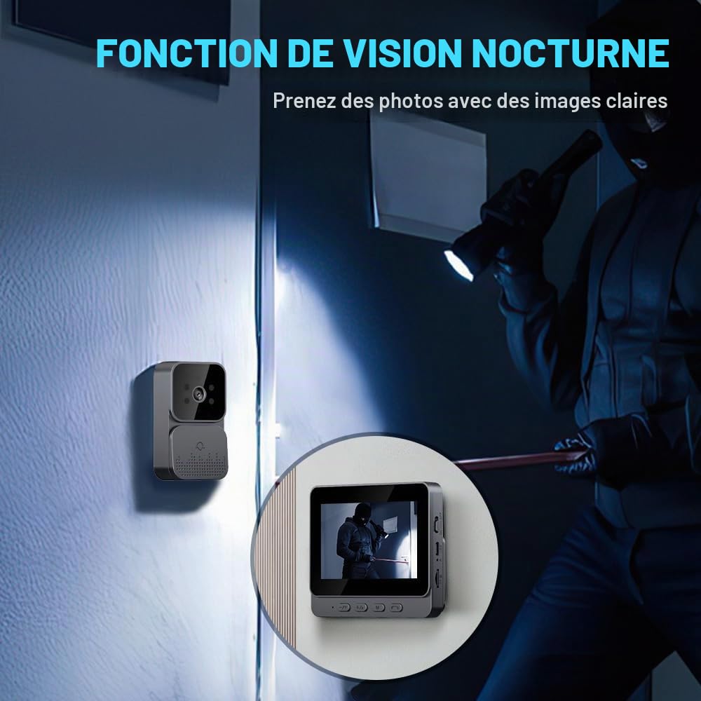 Visiophone, 4.3 pouces Vidéo Interphone Visiophone Portier sans Fil, caméra de sonnette avec moniteur, Détection Humaine, Audio Bidirectionnel, La Fonction de Vision Nocturne+ 64G carte mémoire